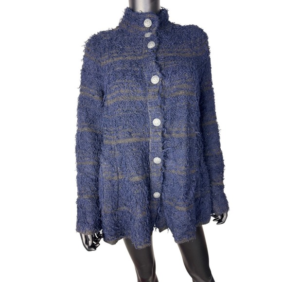 Free‎ people Blue Fuzzy Striped Button Up Coat Jacket Unique Collarless S/P - Picture 2 of 11